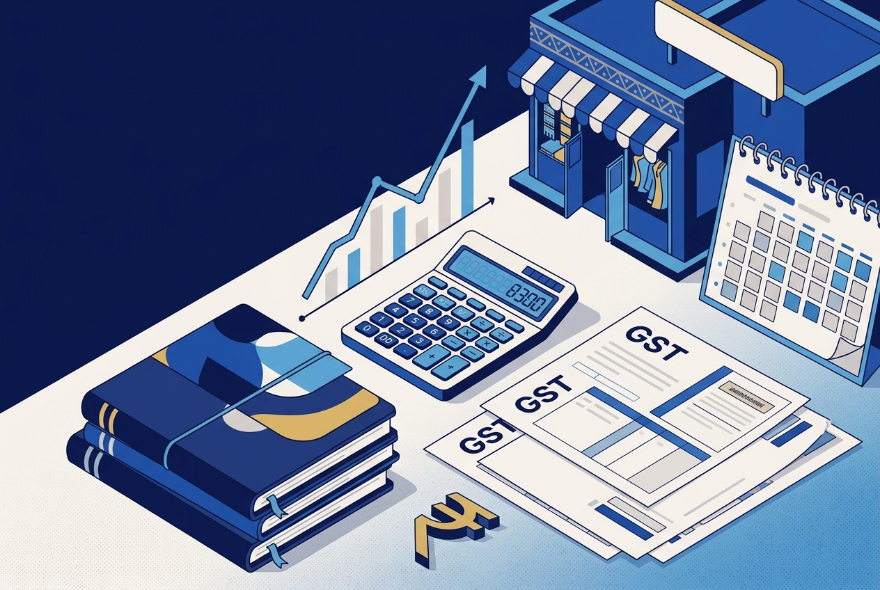 Editorial illustration of monthly accounting and GST compliance for Indian small businesses